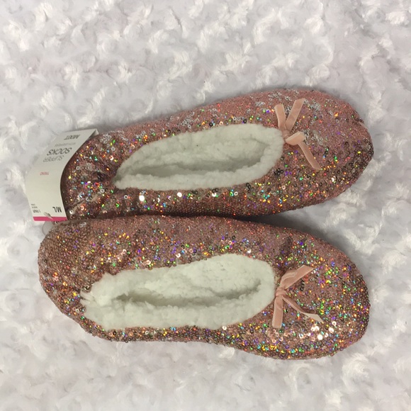 PINK BALLERINA SLIPPERS SPARKLE Sherpa vintage soft velvet bow  NWT SZ M/L - Picture 6 of 6